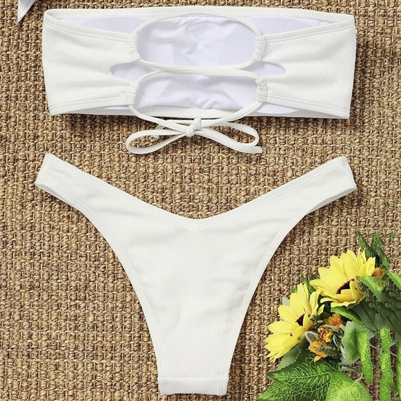 Strapless Bandeau Ribbed White Bikini - Picture 2 of 4
